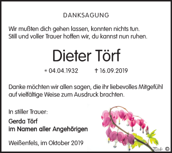 Traueranzeige von Dieter Törf von Mitteldeutsche Zeitung Weißenfels
