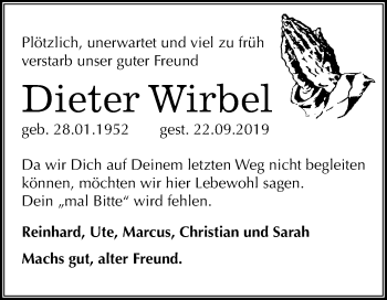 Traueranzeige von Dieter Wirbel von Mitteldeutsche Zeitung Mansfelder Land