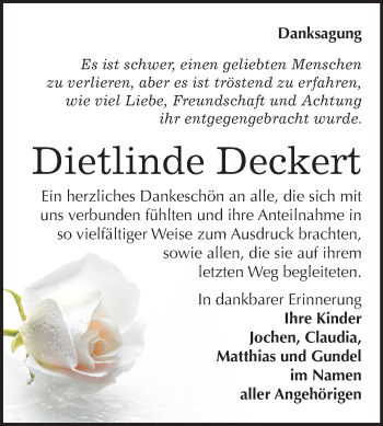 Traueranzeige von Dietlinde Deckert von Wochenspiegel Naumburg/Nebra