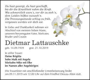 Traueranzeige von Dietmar Lattauschke von Super Sonntag Dessau-Roßlau
