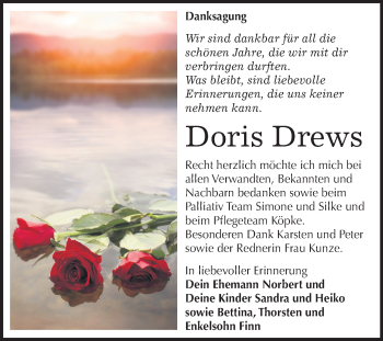 Traueranzeige von Doris Drews von Super Sonntag Wittenberg