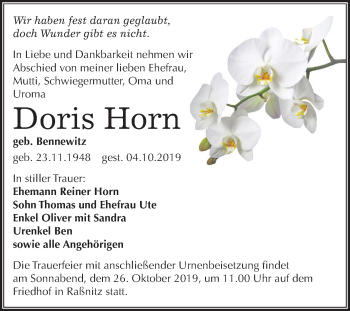 Traueranzeige von Doris Horn von Super Sonntag Merseburg/Querfurt