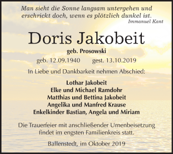Traueranzeige von Doris Jakobeit von Super Sonntag Quedlinburg