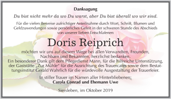 Traueranzeige von Doris Reiprich von Mitteldeutsche Zeitung Mansfelder Land