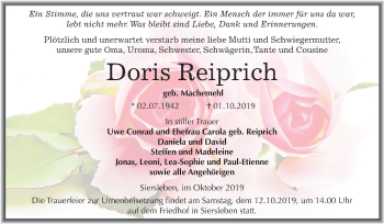 Traueranzeige von Doris Reiprich von Mitteldeutsche Zeitung Mansfelder Land