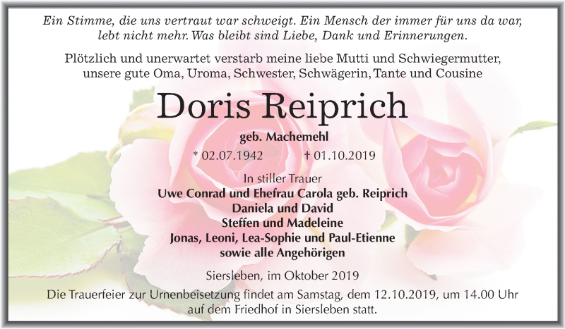  Traueranzeige für Doris Reiprich vom 05.10.2019 aus Mitteldeutsche Zeitung Mansfelder Land