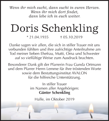 Traueranzeige von Doris Schenkling von Mitteldeutsche Zeitung Halle/Saalkreis