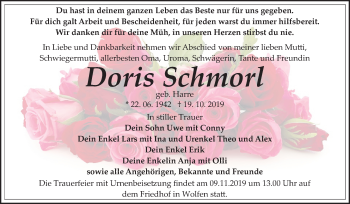 Traueranzeige von Doris Schmorl von Wochenspiegel Bitterfeld