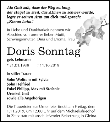 Traueranzeige von Doris Sonntag von Super Sonntag Zeitz