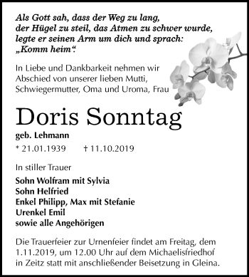 Traueranzeige von Doris Sonntag von Mitteldeutsche Zeitung Weißenfels
