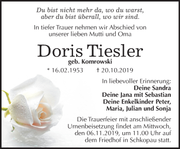 Traueranzeige von Doris Tiesler von Mitteldeutsche Zeitung Merseburg/Querfurt