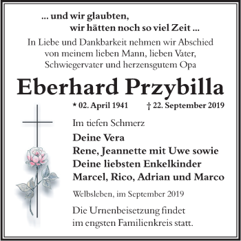 Traueranzeige von Eberhard Przybilla von Mitteldeutsche Zeitung Mansfelder Land