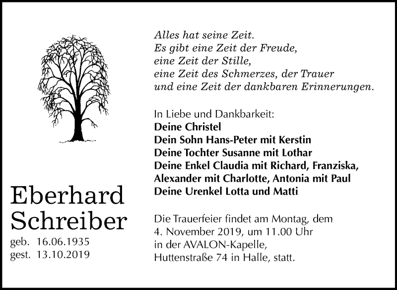  Traueranzeige für Eberhard Schreiber vom 19.10.2019 aus Mitteldeutsche Zeitung Halle/Saalkreis