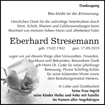 Traueranzeige von Eberhard Stresemann von Wochenspiegel Naumburg/Nebra