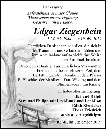Traueranzeige von Edgar Ziegenbein von Super Sonntag Sangerhausen