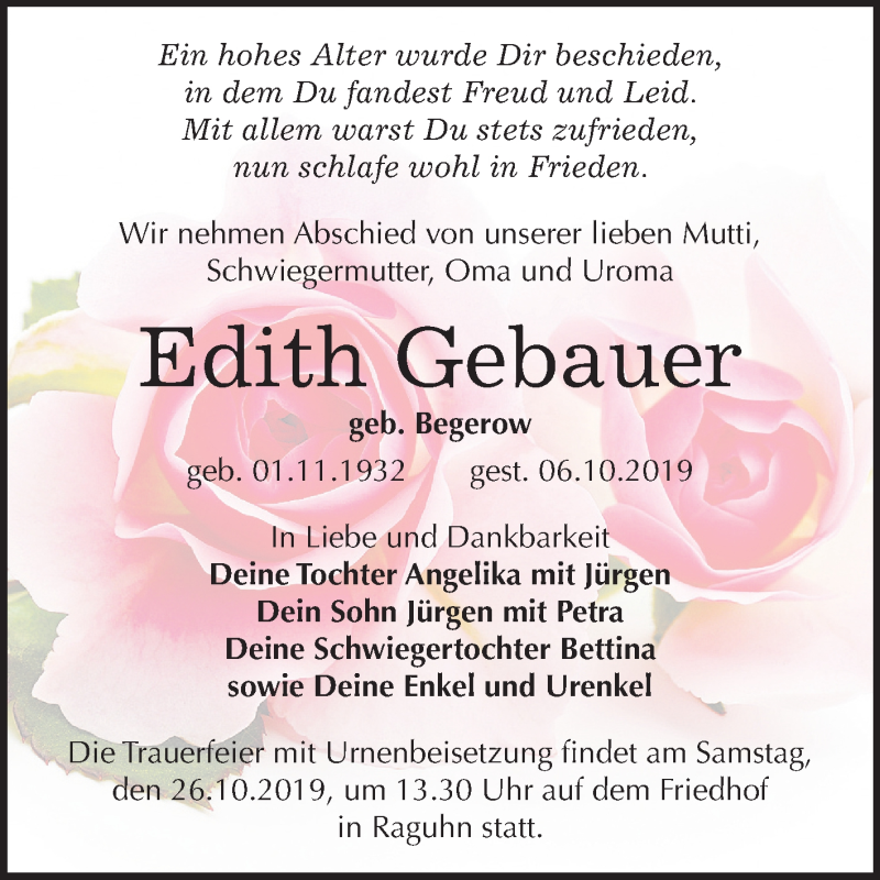  Traueranzeige für Edith Gebauer vom 16.10.2019 aus Wochenspiegel Bitterfeld