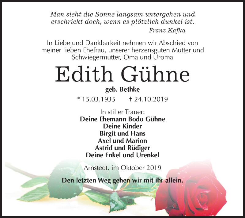  Traueranzeige für Edith Gühne vom 30.10.2019 aus Mitteldeutsche Zeitung Mansfelder Land