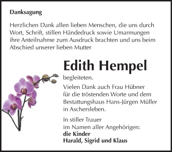 Traueranzeige von Edith Hempel von Wochenspiegel Aschersleben