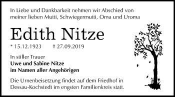 Traueranzeige von Edith Nitze von Super Sonntag Dessau-Roßlau
