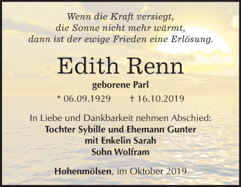 Traueranzeige von Edith Renn von Mitteldeutsche Zeitung Weißenfels
