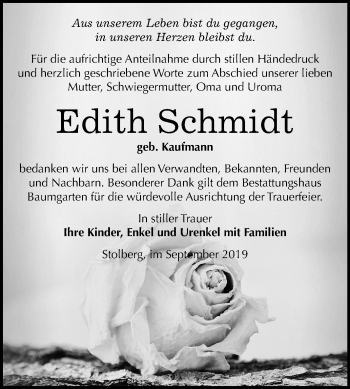 Traueranzeige von Edith Schmidt von Mitteldeutsche Zeitung Sangerhausen