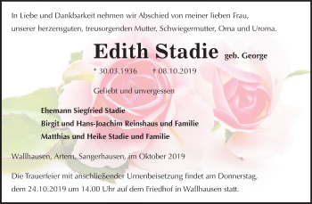 Traueranzeige von Edith Stadie von Mitteldeutsche Zeitung Sangerhausen