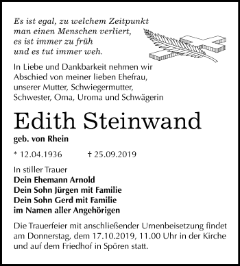 Traueranzeige von Edith Steinwand von Mitteldeutsche Zeitung Bitterfeld