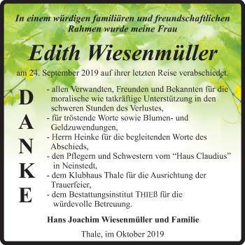 Traueranzeige von Edith Wiesenmüller von Super Sonntag Quedlinburg