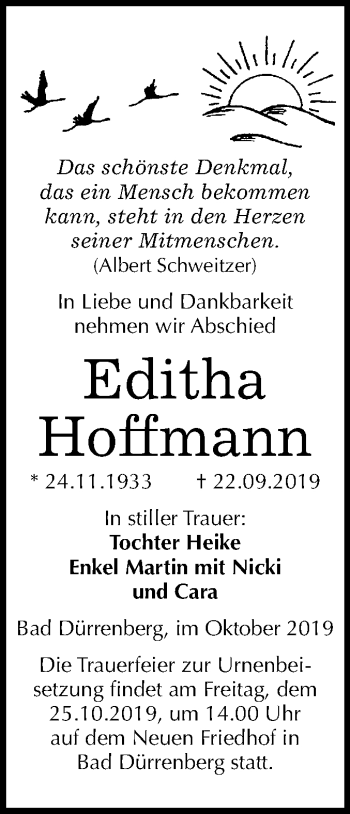 Traueranzeige von Editha Hoffmann von Mitteldeutsche Zeitung Merseburg/Querfurt