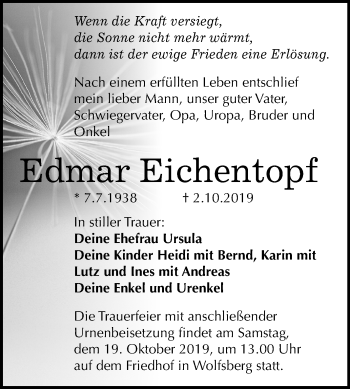 Traueranzeige von Edmar Eichentopf von Mitteldeutsche Zeitung Sangerhausen