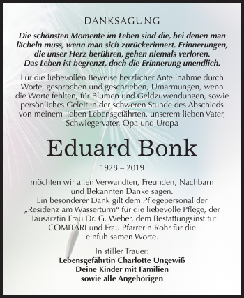 Traueranzeige von Eduard Bonk von Wochenspiegel Weißenfels