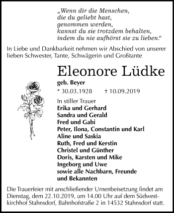 Traueranzeige von Eleonore Lüdke von Mitteldeutsche Zeitung Merseburg/Querfurt