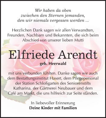 Traueranzeige von Elfriede Arendt von Mitteldeutsche Zeitung Wittenberg