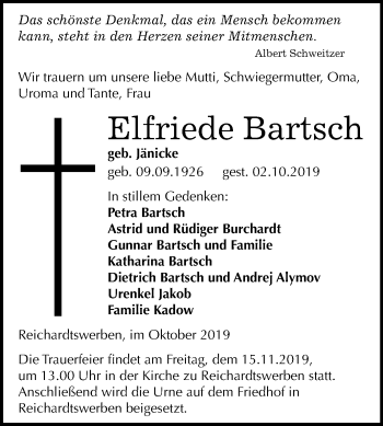 Traueranzeige von Elfriede Bartsch von Mitteldeutsche Zeitung Weißenfels