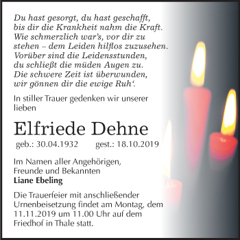 Traueranzeige von Elfriede Dehne von Super Sonntag Quedlinburg