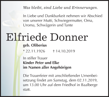 Traueranzeige von Elfriede Donner von Super Sonntag Bernburg