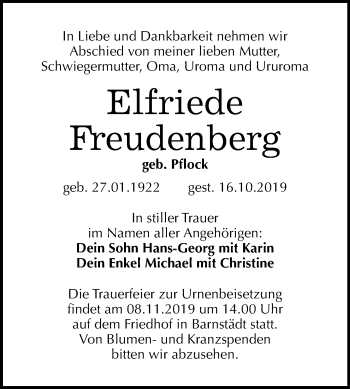 Traueranzeige von Elfriede Freudenberg von Mitteldeutsche Zeitung Merseburg/Querfurt