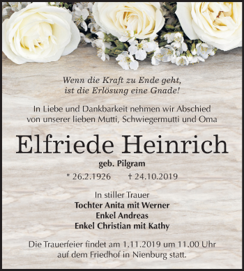 Traueranzeige von Elfriede Heinrich von Wochenspiegel Bernburg