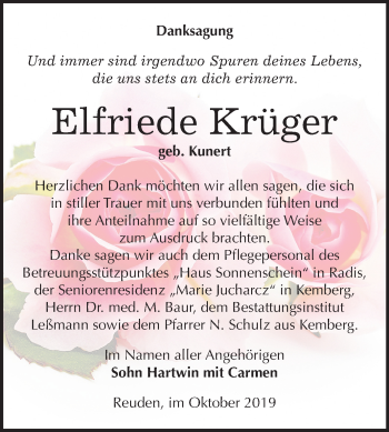 Traueranzeige von Elfriede Krüger von Super Sonntag Wittenberg