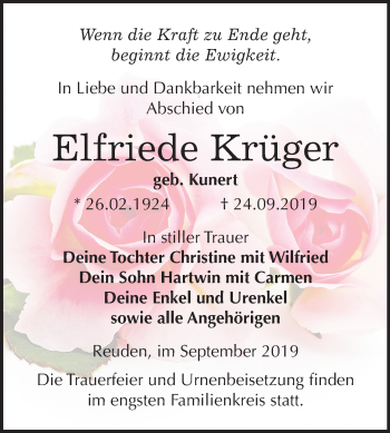 Traueranzeige von Elfriede Krüger von Mitteldeutsche Zeitung Wittenberg