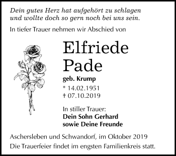 Traueranzeige von Elfriede Pade von Wochenspiegel Aschersleben