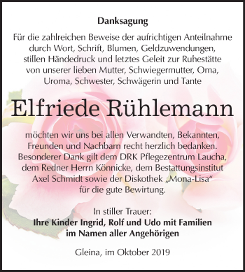 Traueranzeige von Elfriede Rühlemann von Mitteldeutsche Zeitung Naumburg/Nebra