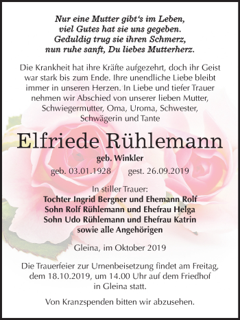 Traueranzeige von Elfriede Rühlemann von Mitteldeutsche Zeitung Naumburg/Nebra