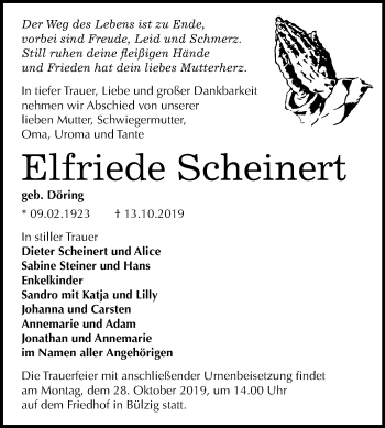 Traueranzeige von Elfriede Scheinert von Super Sonntag Wittenberg