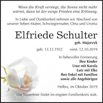Traueranzeige von Elfriede Schulter von Wochenspiegel Mansfelder Land
