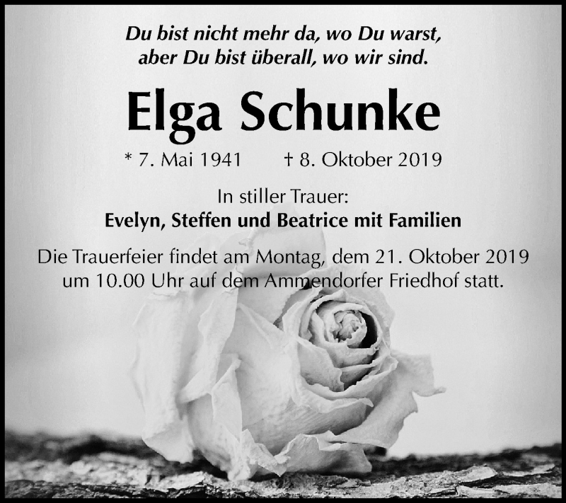  Traueranzeige für Elga Schunke vom 12.10.2019 aus Mitteldeutsche Zeitung Halle/Saalkreis