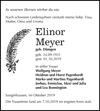 Traueranzeige von Elinor Meyer von Super Sonntag Sangerhausen