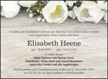 Traueranzeige von Elisabeth Heene von Mitteldeutsche Zeitung Bitterfeld