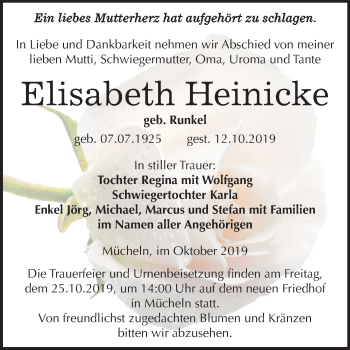 Traueranzeige von Elisabeth Heinicke von Super Sonntag Merseburg/Querfurt