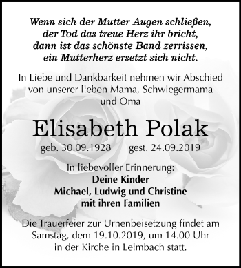 Traueranzeige von Elisabeth Polak von Mitteldeutsche Zeitung Merseburg/Querfurt